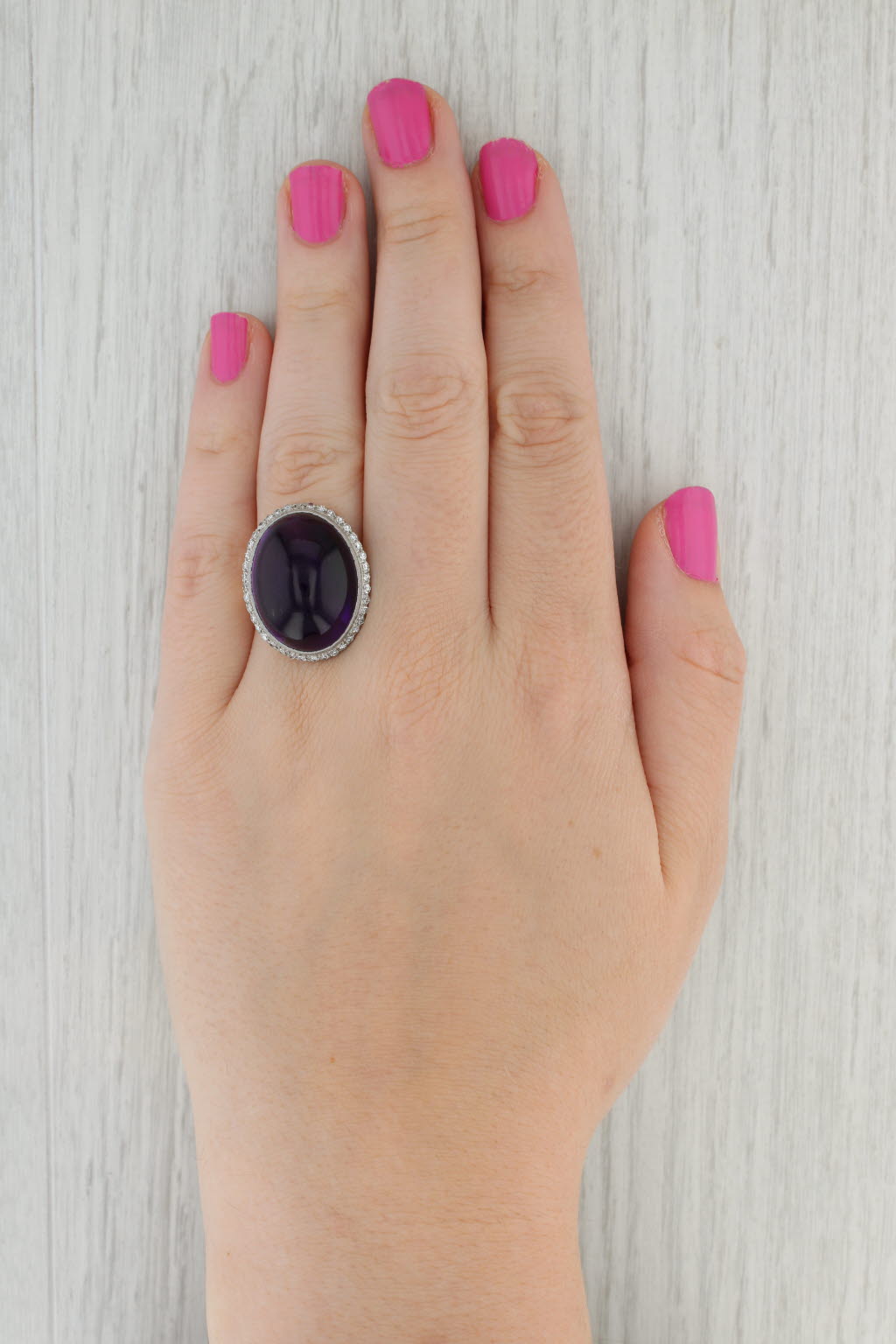 Gray Vintage Amethyst Cabochon Diamond Halo Cocktail Ring 14k Yellow Gold Platinum