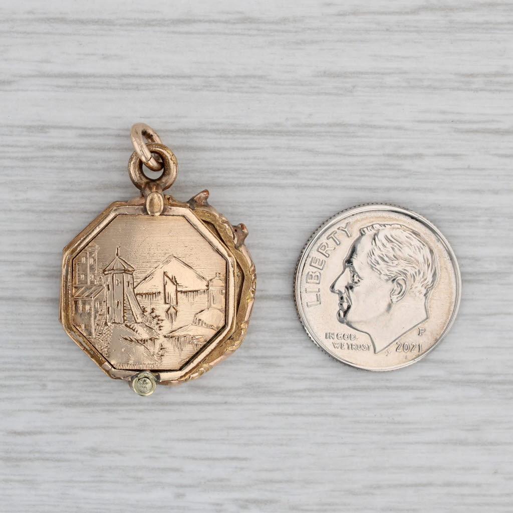 Gray Vintage Secret Locket Fob Pendant Engraved Scene Slide Opens
