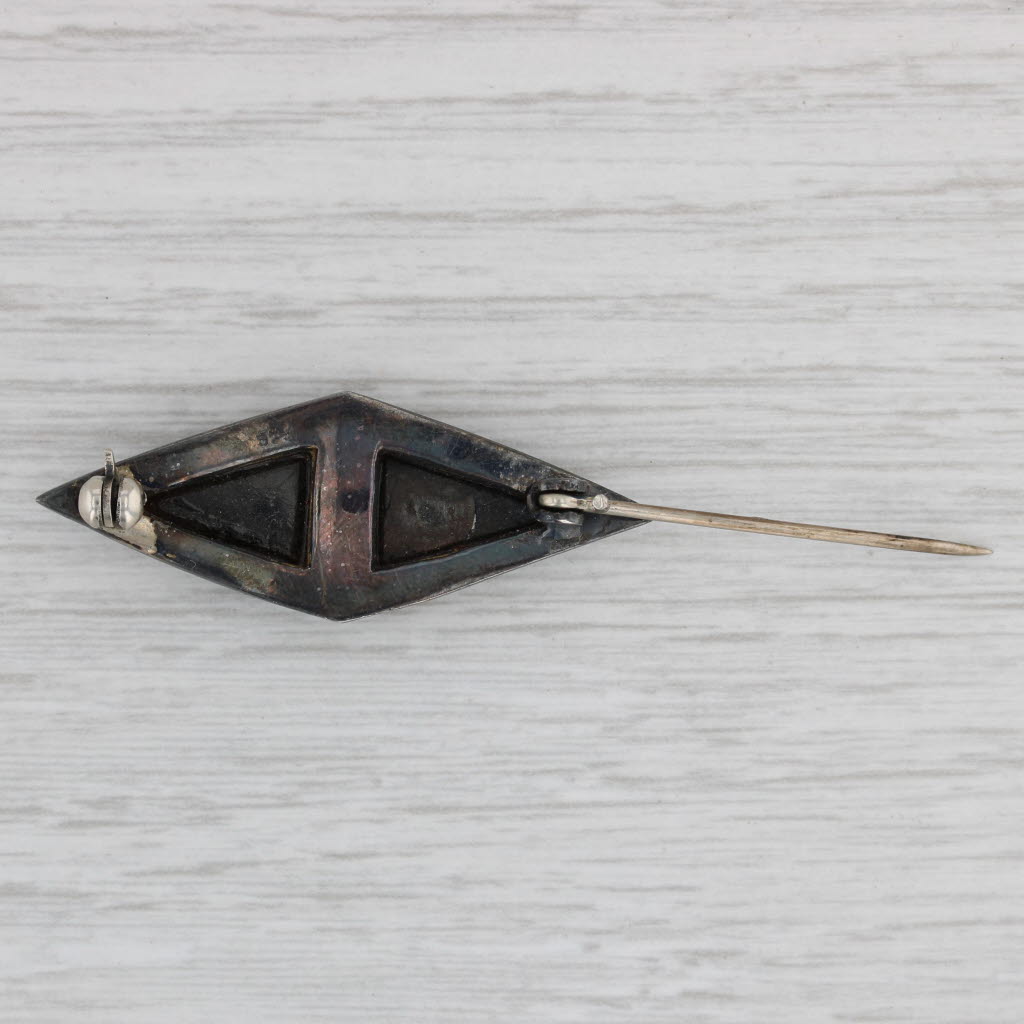 Gray Vintage Onyx Marcasite Brooch Sterling Silver Pin