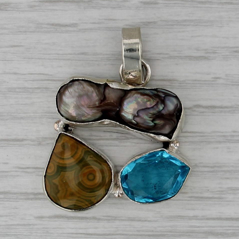 Pearl Agate Abstract Statement Pendant Sterling Silver Chunky Drop