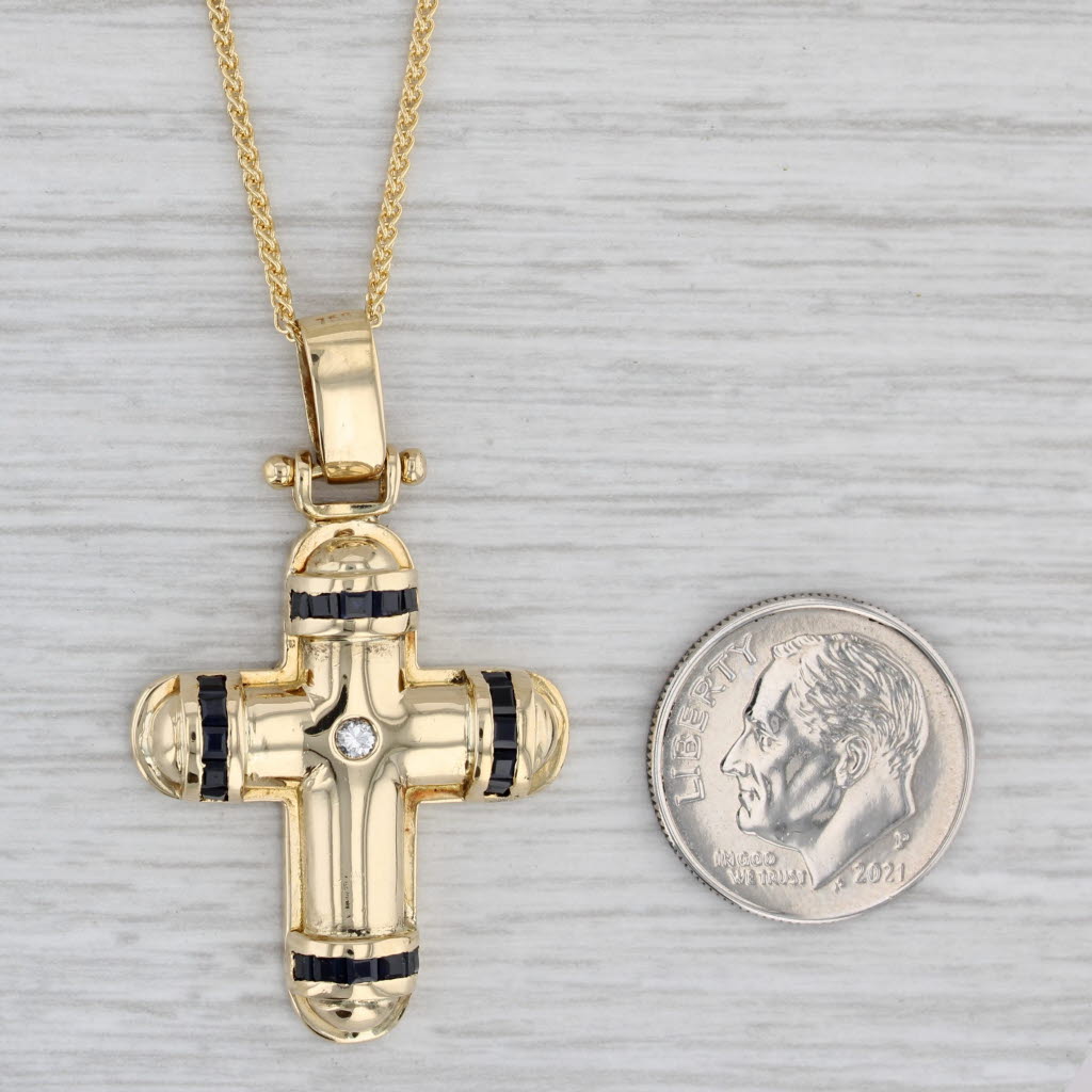 Gray 0.78ctw Blue Sapphire Diamond Cross Pendant Necklace 18k Gold 18" Wheat Chain