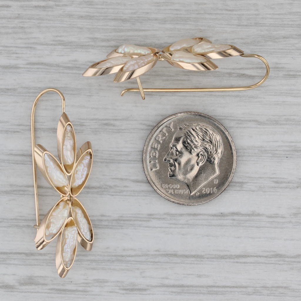 Gray Vintage Keshi Pearl Flower Earrings 14k Yellow Gold Hook Posts