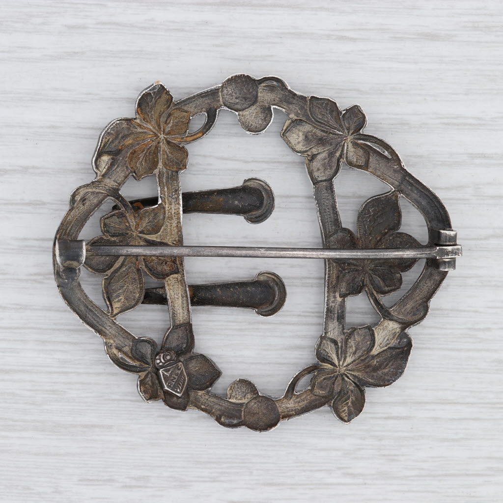 Vintage Floral Statement Brooch Fishol Nessler Hat Scarf Pin Fine Silver