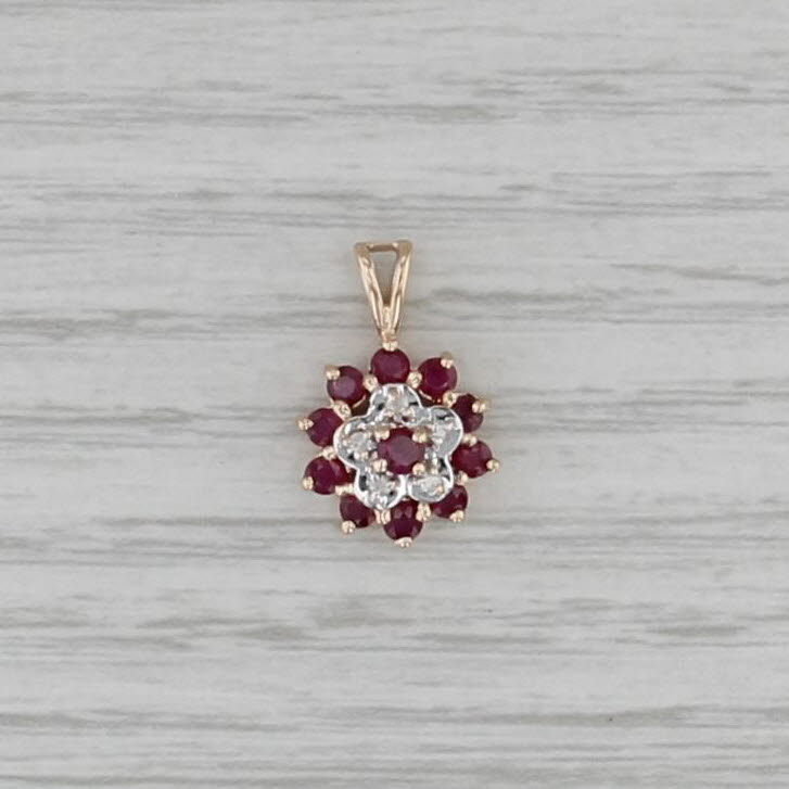 0.83ctw Ruby Diamond Cluster Flower Pendant 14k Yellow Gold Small Drop
