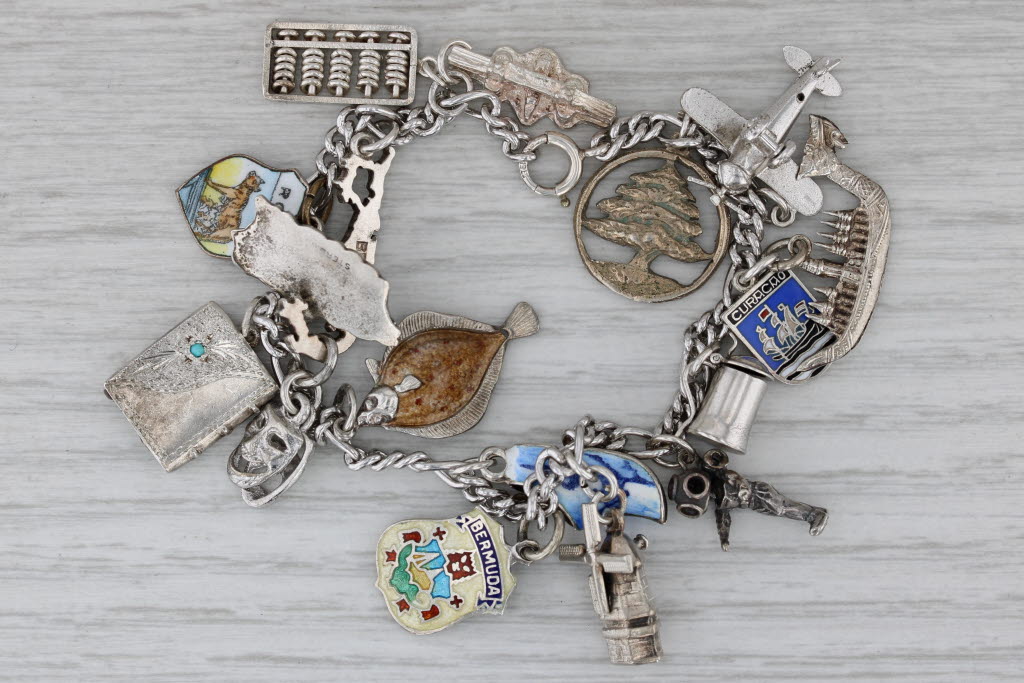 Gray Vintage Mixed Themed Charm Bracelet Sterling Silver Moving Parts 7" Travel