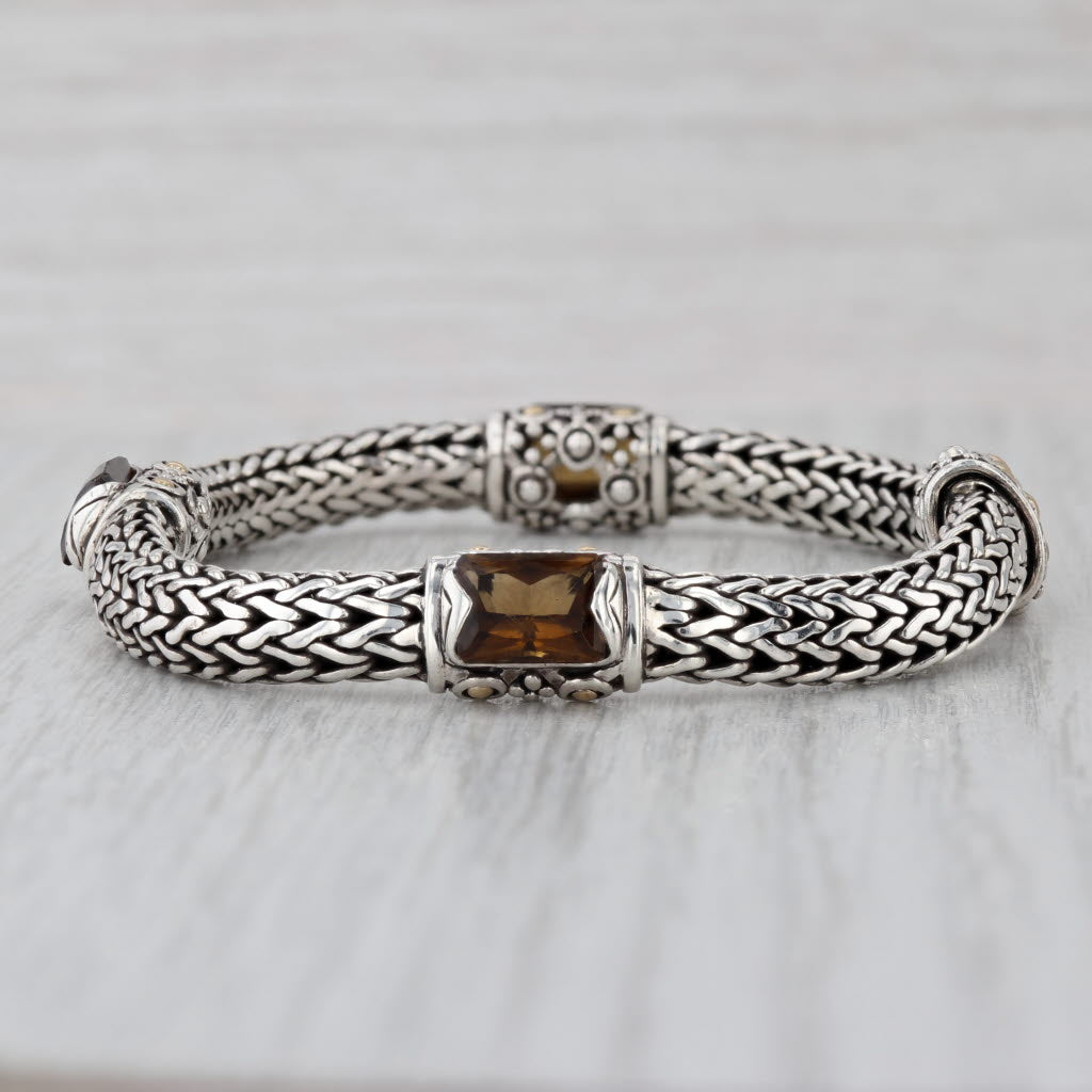 John Hardy Smoky Quartz Station Bracelet Sterling Silver 18k Gold Wheat Chain