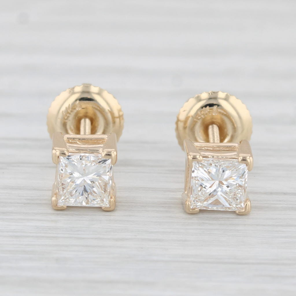 Light Gray 0.90ctw Diamond Princess Stud Earrings 14k Yellow Gold Solitaire Studs