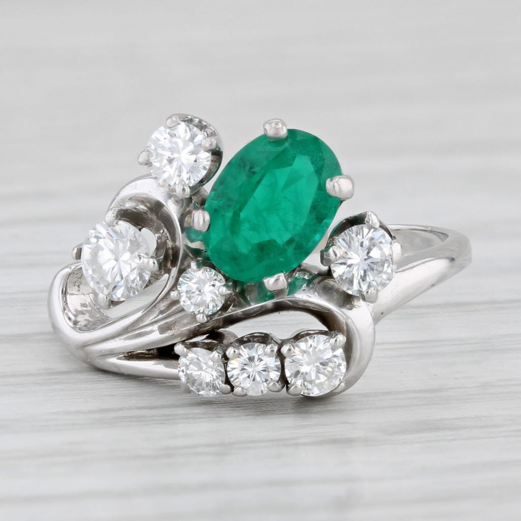 Light Gray Vintage 1.17ctw Lab Created Emerald Diamond Ring 14k White Gold Size 6.5