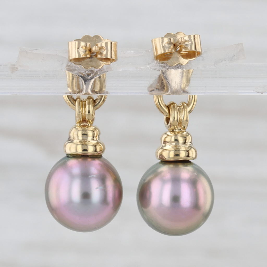 Gray Cultured Pearl Diamond Dangle Earrings 18k Yellow Gold Drops