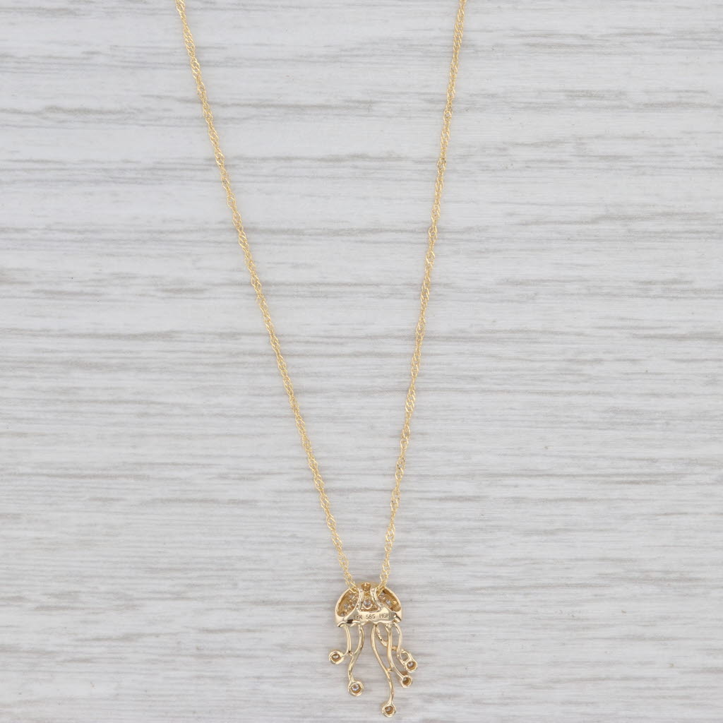 Light Gray New 0.13ctw Diamond Moving Jelly Fish Pendant Necklace 14k Yellow Gold 18"
