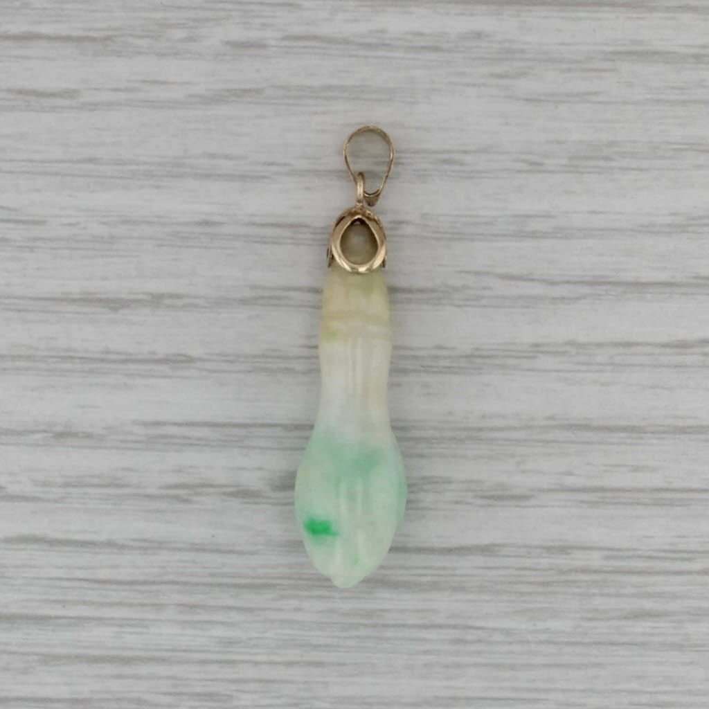 Vintage Jadeite Jade Carved Oblong Pendant Floral Drop 14k Yellow Gold