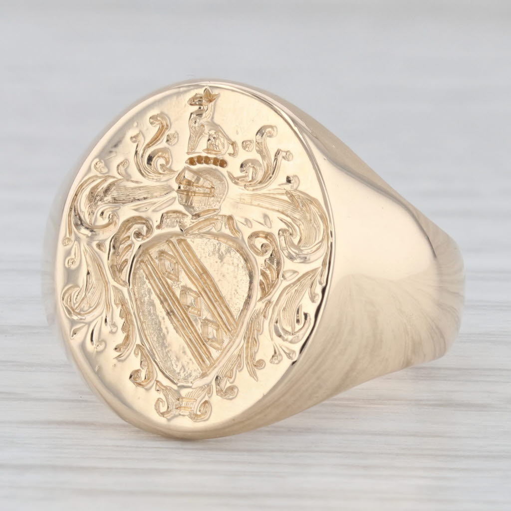 Light Gray Vintage Hand Engraved Coat of Arms Seal Signet Ring 14k Yellow Gold Size 8.75