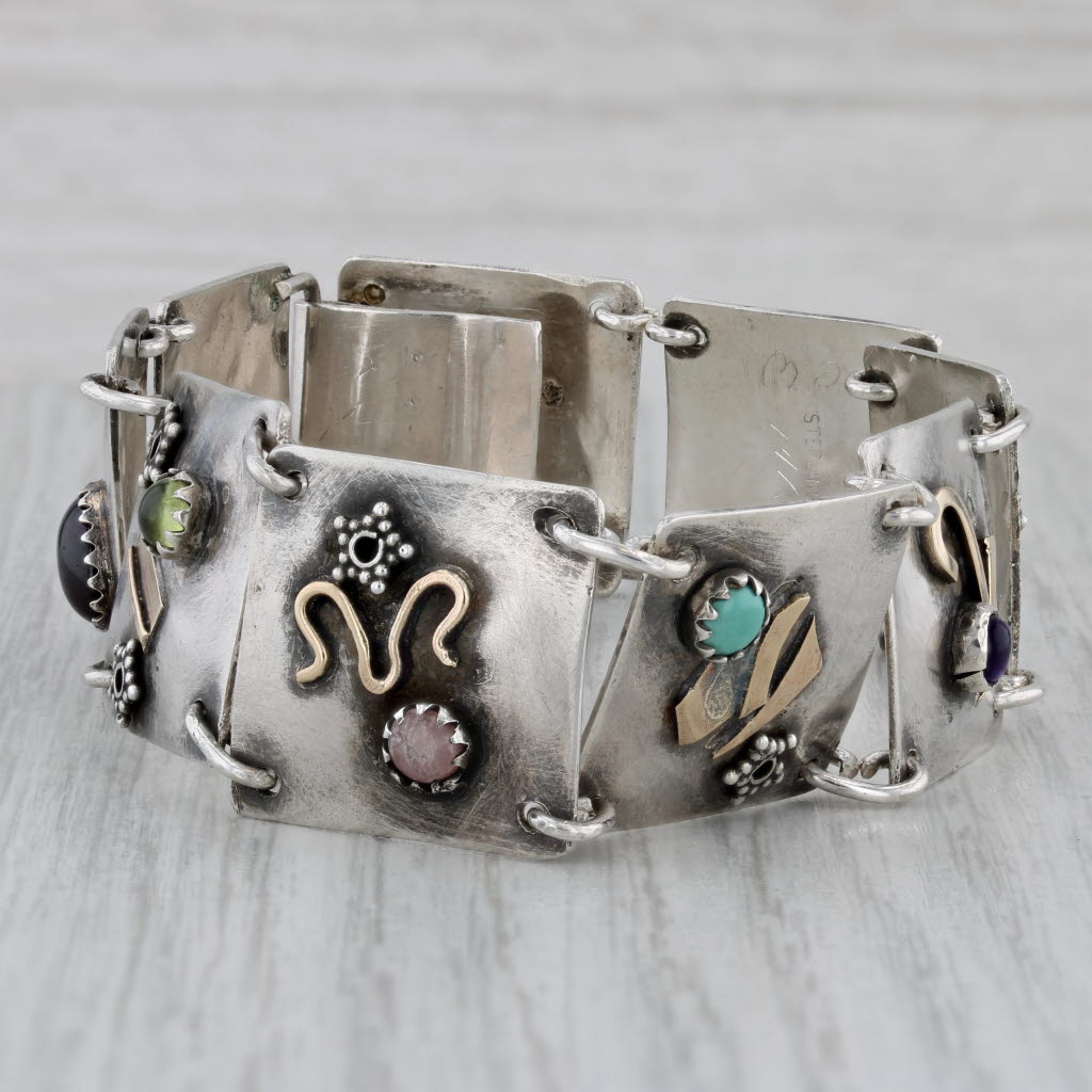 Gray Vintage Artisan Gemstone Panel Bracelet Sterling Silver 14k Gold Statement 7.25"