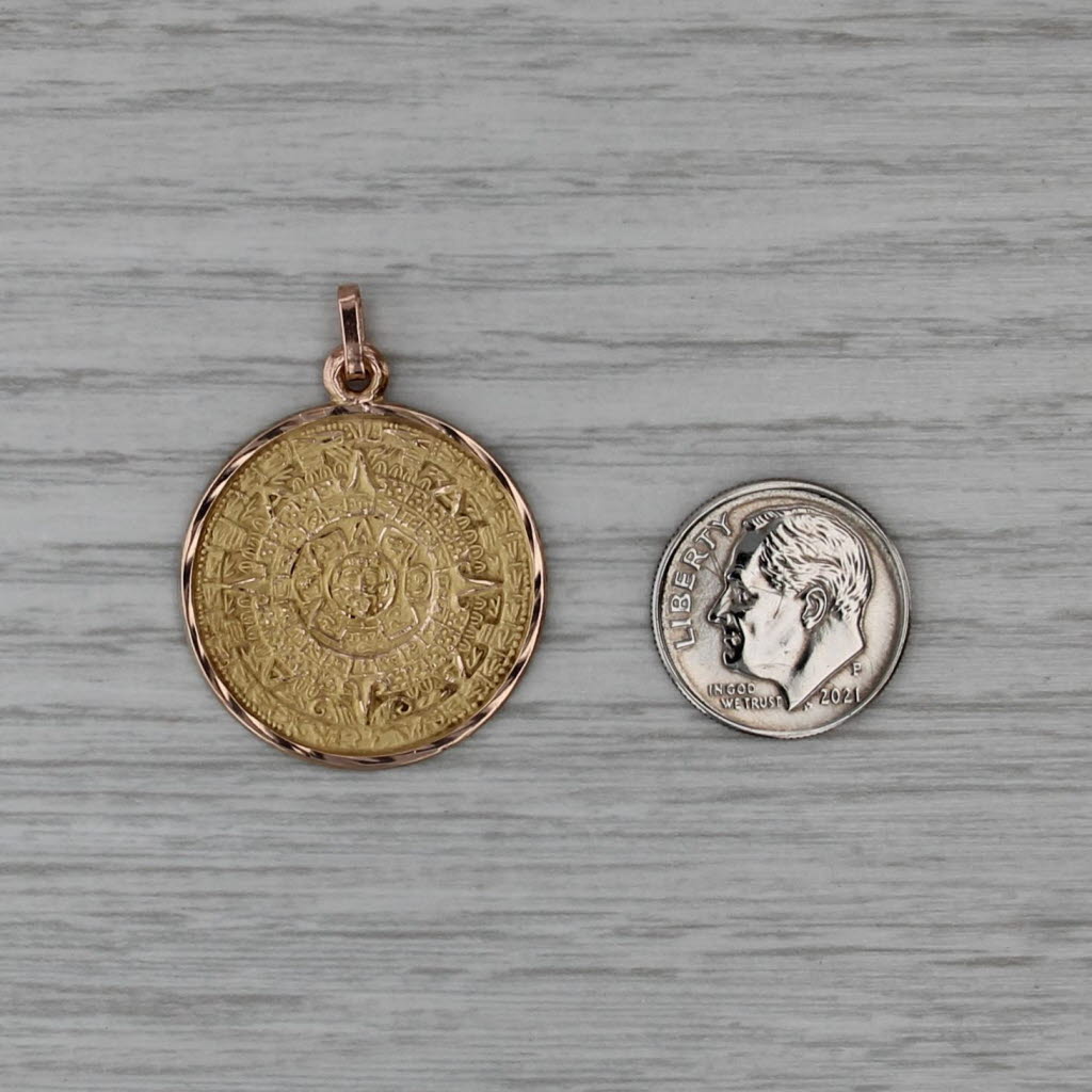 Aztec Mayan Sun Calendar Pendant 14k Yellow Gold Medallion