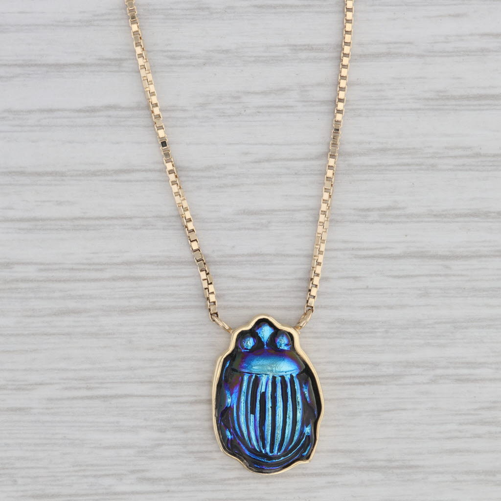 Gray Carved Glass Rainforest Jewel Beetle Pendant Necklace 14k Gold 18.75" Box Chain
