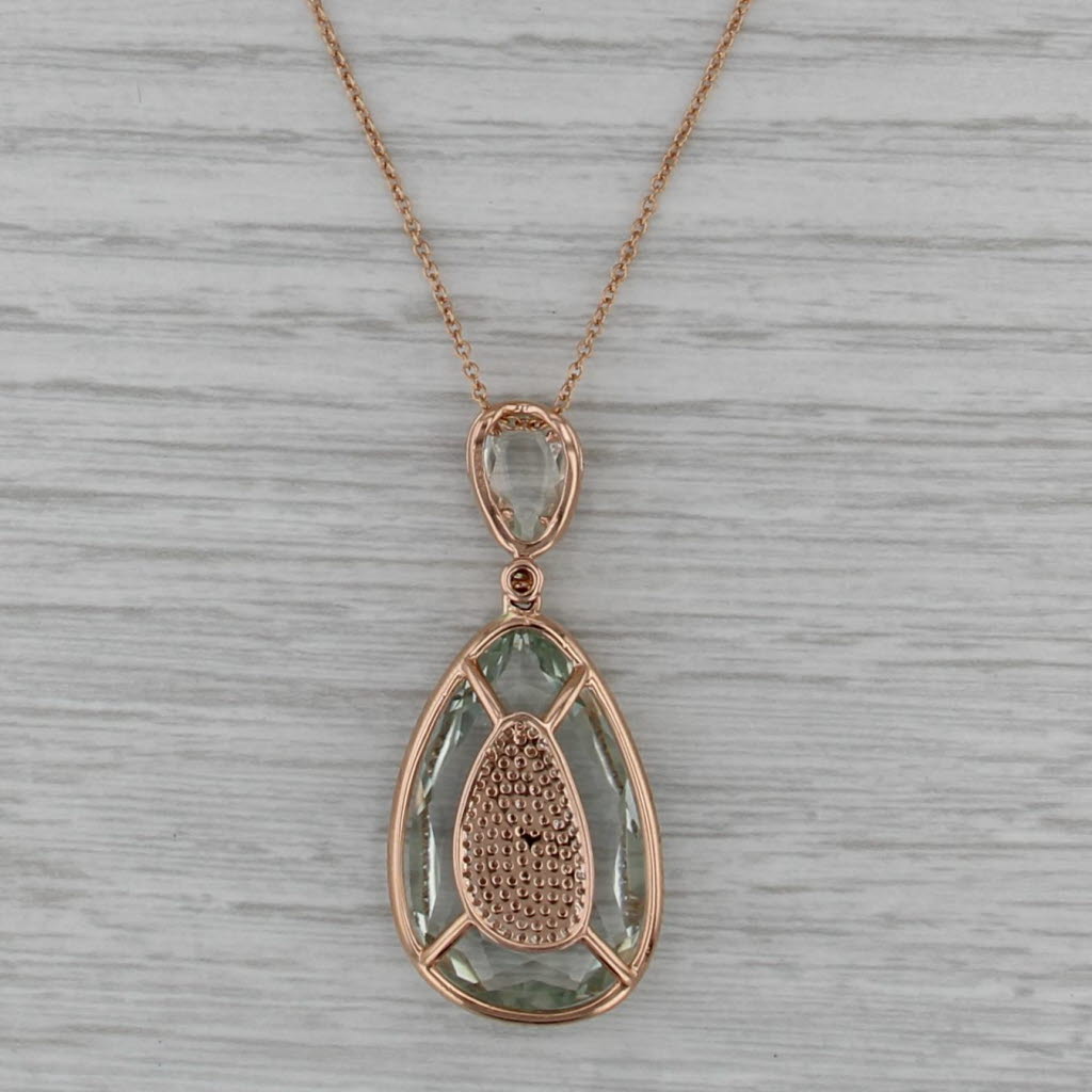 12.08ctw Prasiolite Green Amethyst Diamond Pendant Necklace 14k Rose Gold 18.5"