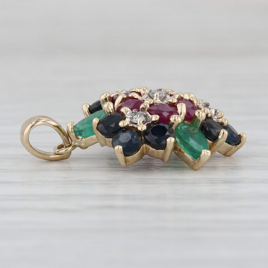 2.78ctw Ruby Sapphire Emerald Diamond Gemstone Flower Pendant 14k Yellow Gold