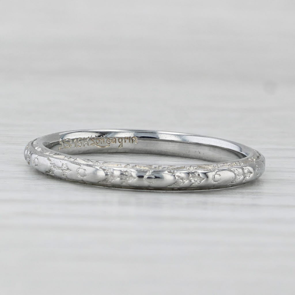 Light Gray Floral Etched Art Deco Wedding Band 18k White Gold Size 7.25 Stackable Ring