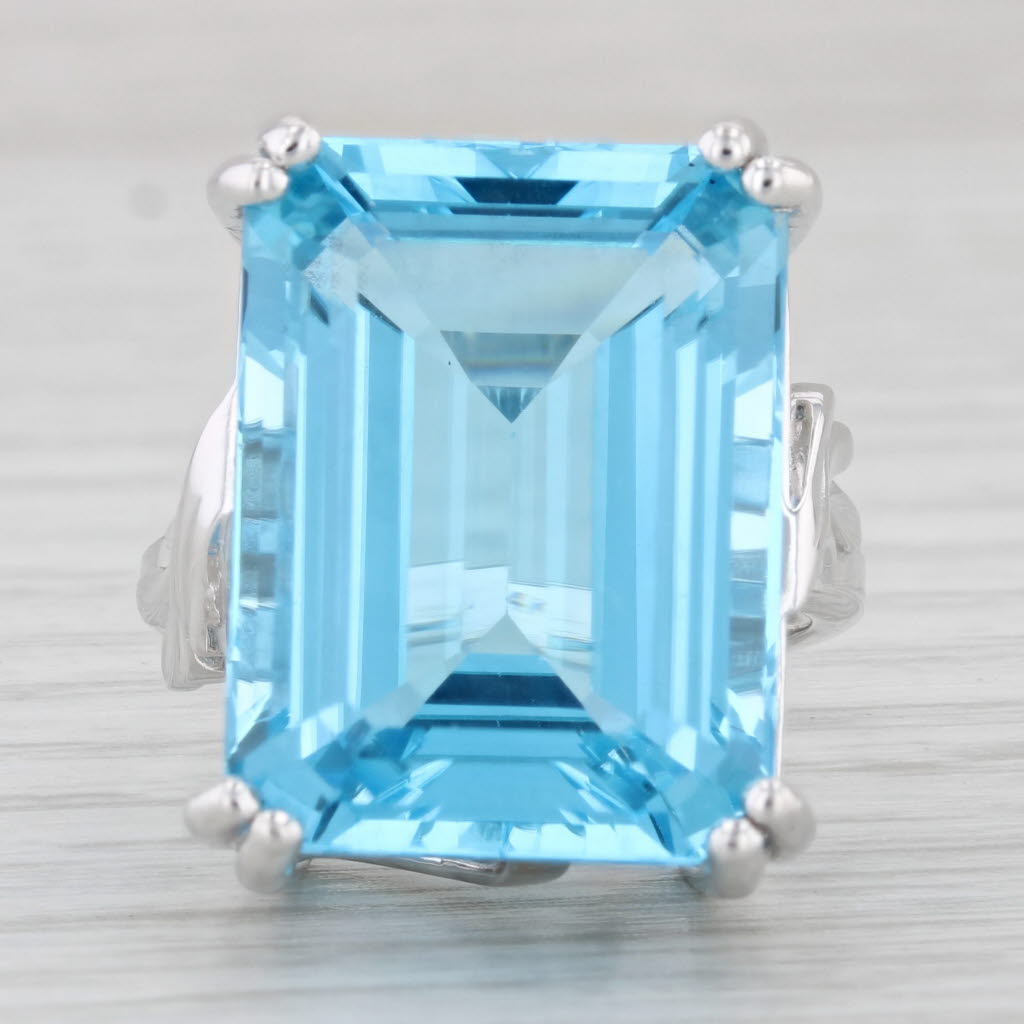 Light Gray 29ct Emerald Cut Blue Topaz Solitaire Ring 14k White Gold Size 7.5 Cocktail