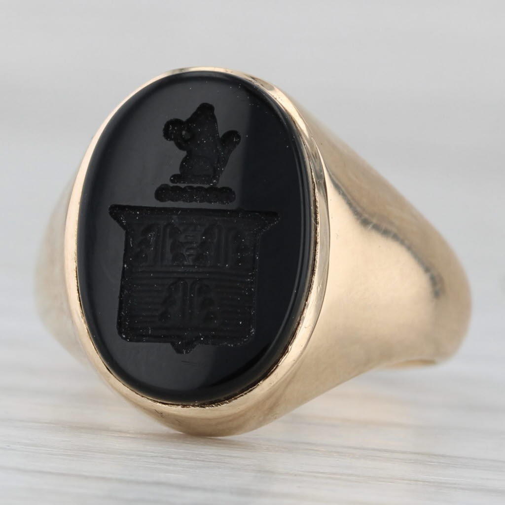 Gray Vintage Onyx Coat of Arms Signet Ring 10k Yellow Gold Size 4.75 Squirell Trees