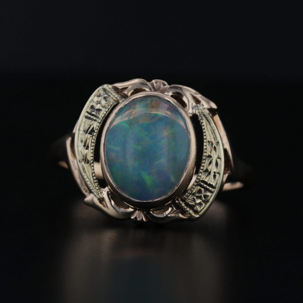 Vintage Oval Cabochon Opal Ring 10k Yellow Gold Size 8 Floral Etched