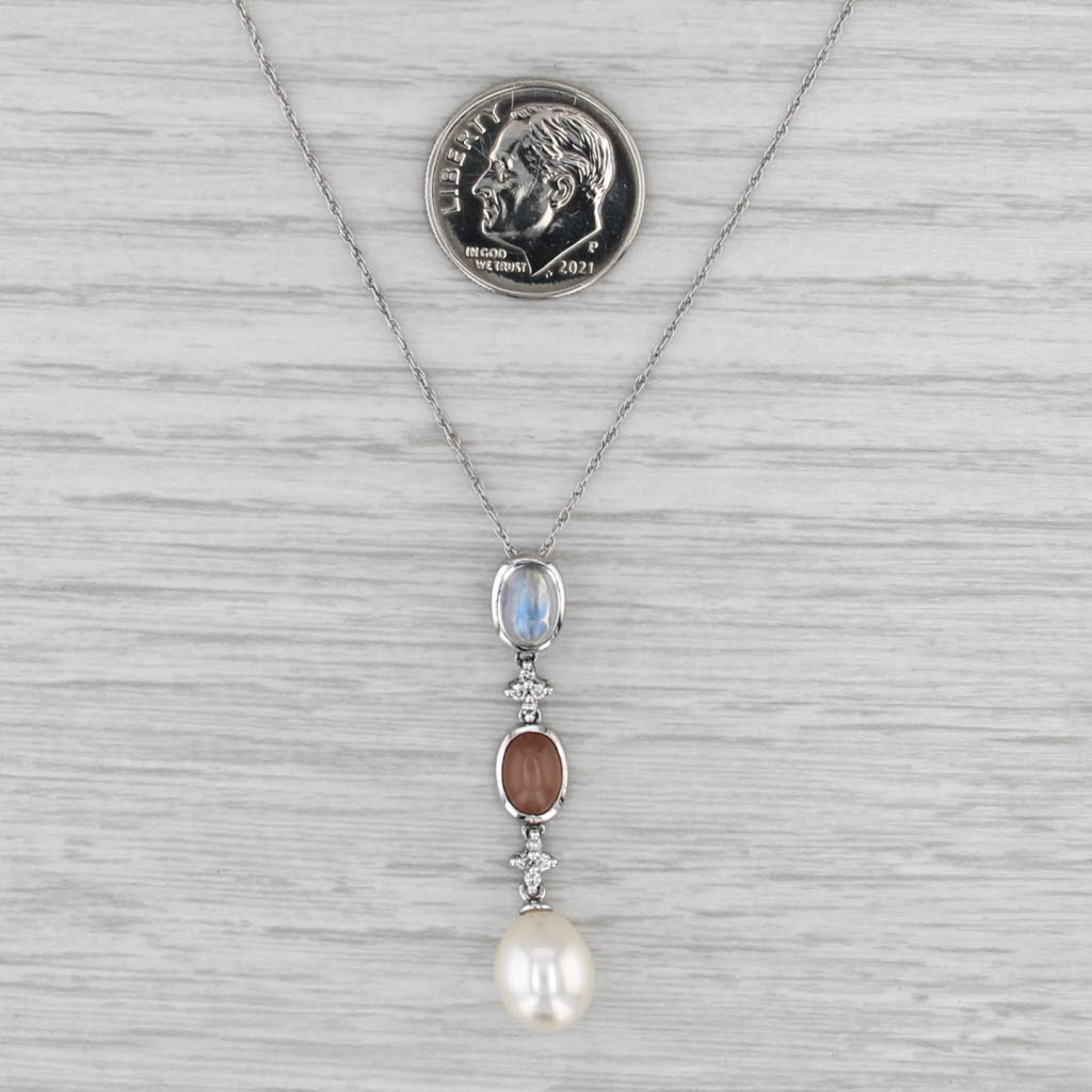 Moonstone Cultured Pearl Diamond Drop Pendant Necklace 14k White Gold Rope Chain