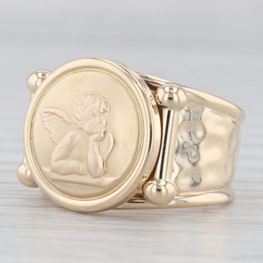 Light Gray Cherub Guardian Angel Coin Signet Ring 10k Yellow Gold Size 7.5 Adjustable Band