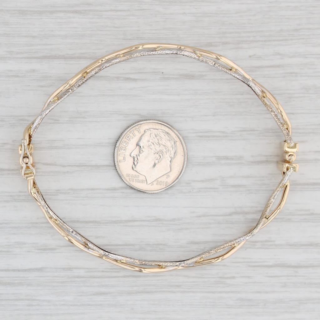 Light Gray Woven 2-Toned Bangle Bracelet 14k Yellow White Gold 6.75" 5.7mm