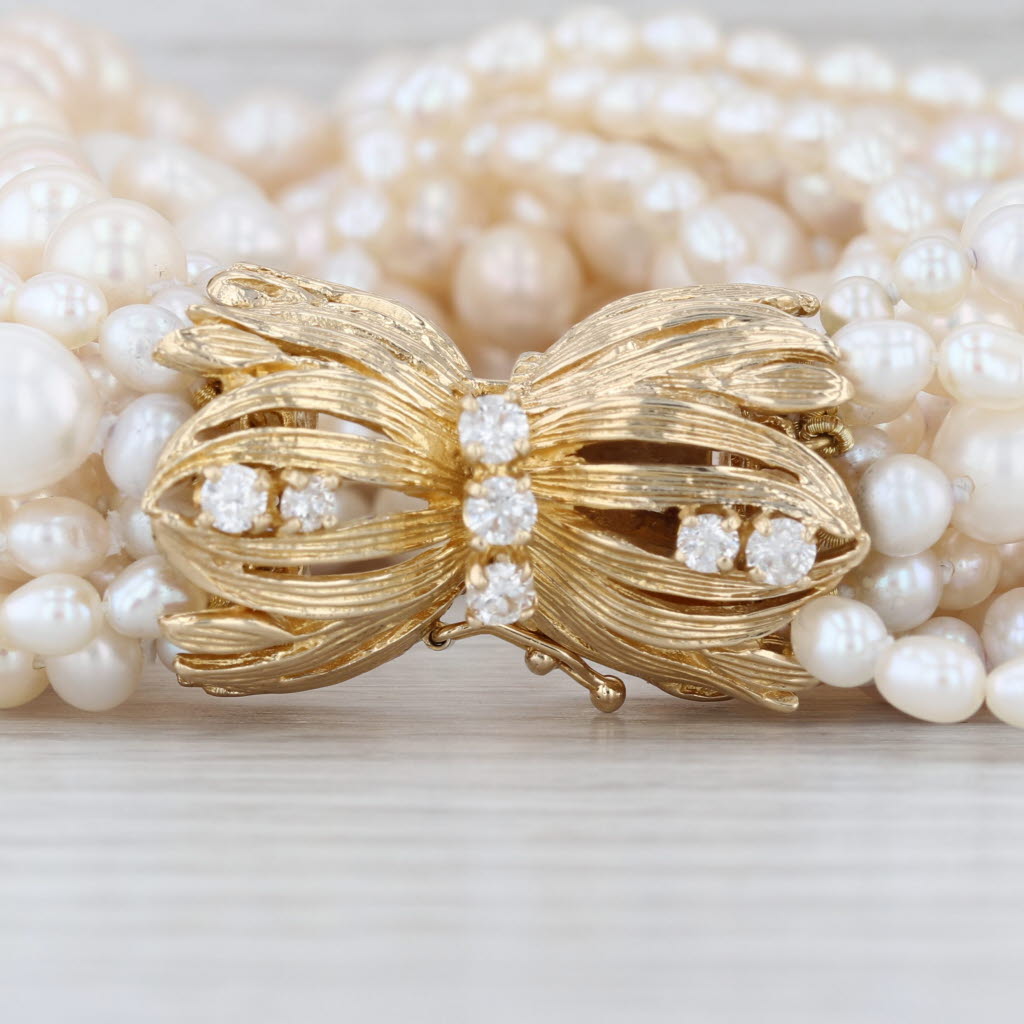 Vintage Multistrand Cultured Pearl Diamond Bracelet 14k Yellow Gold 9"