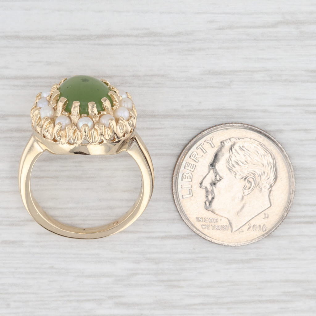 Light Gray Green Nephrite Jade Cultured Pearl Halo Ring 14k Yellow Gold Size 4.75