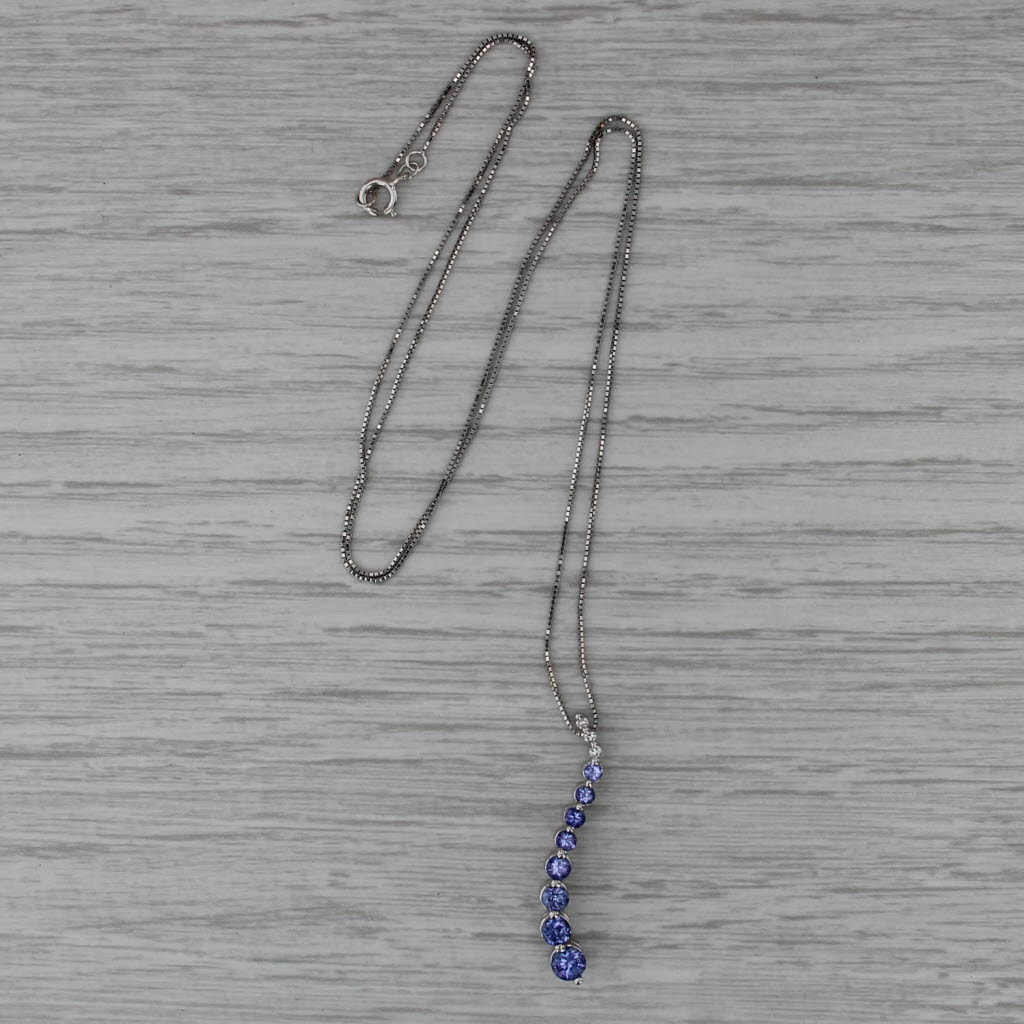 0.91ctw Tanzanite Diamond Journey Pendant Nedcklace 14k White Gold 18" Box Chain