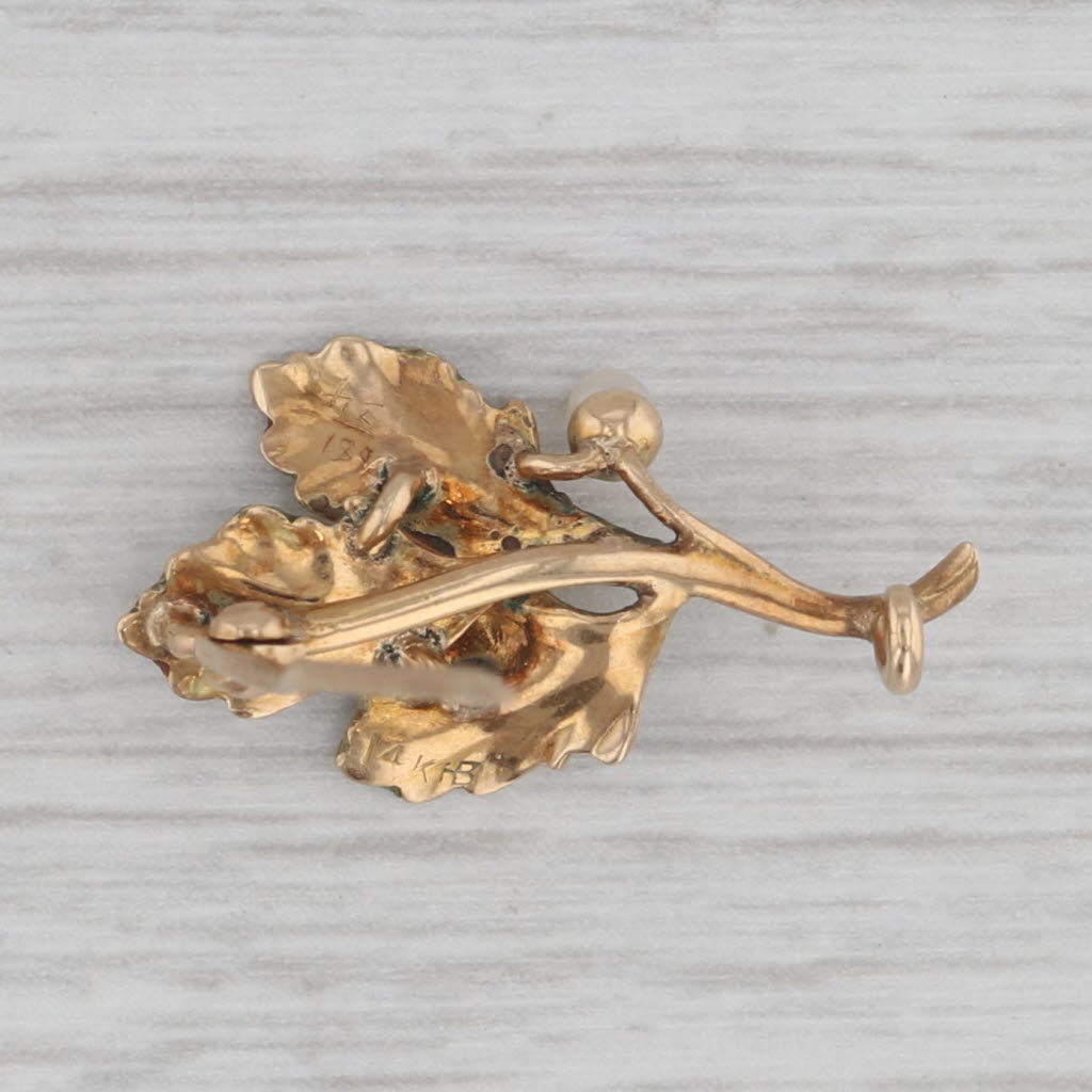 Gray Antique Seed Pearl Enamel Leaf Brooch 14k Yellow Gold Pin