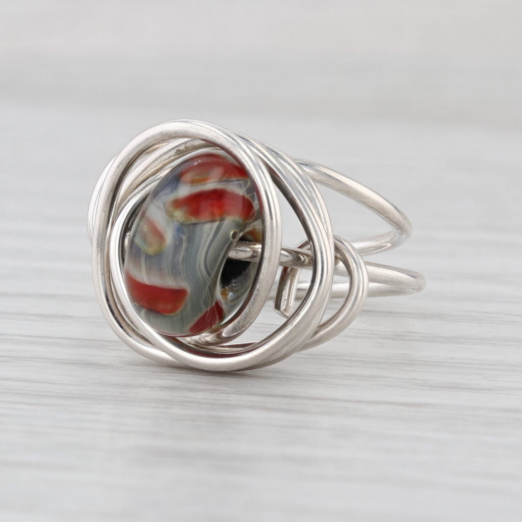 Glass Donut Bead Knot Ring Sterling Silver 925 Statement Size 7
