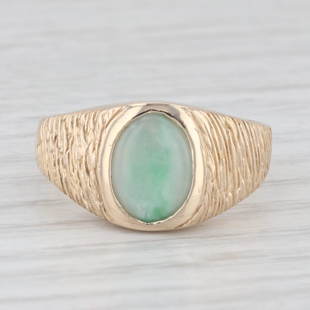 Light Gray Green Jadeite Jade Solitaire Ring 14k Yellow Gold Size 9-9.25 Woodgrain Band