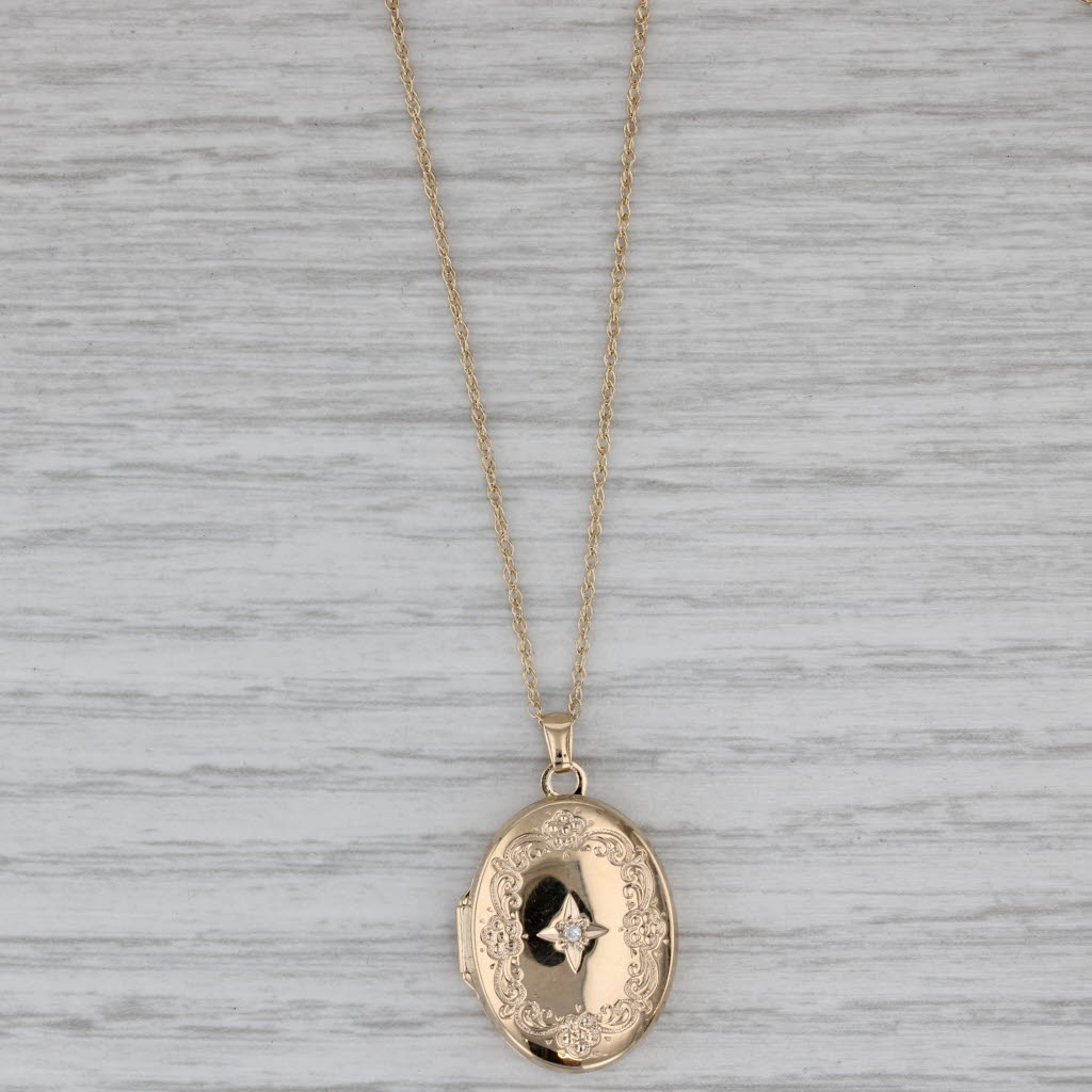 Gray Diamond Star Floral Locket Pendant Necklace 14k Yellow Gold 18" Rope Chain