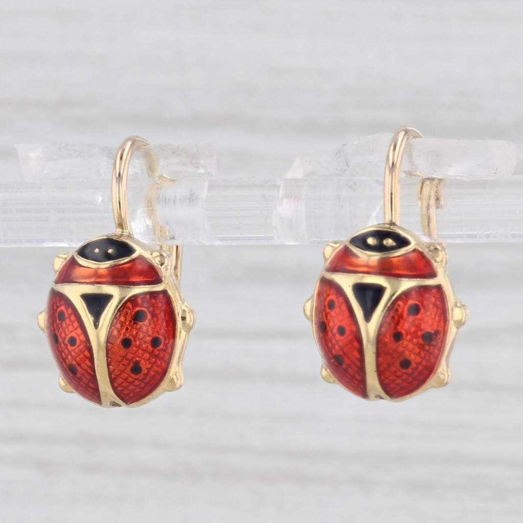 Light Gray Ladybug Drop Earrings 14k Yellow Gold Enamel