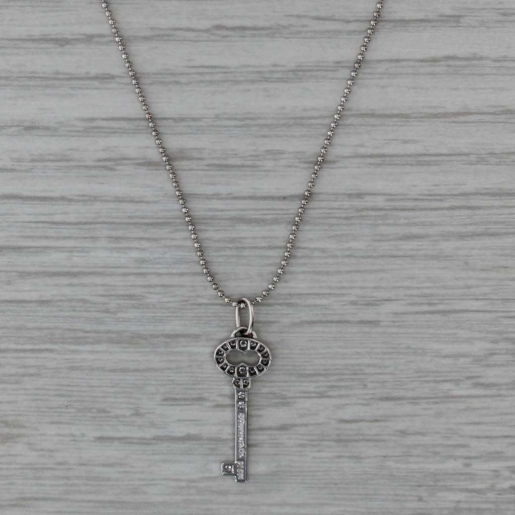 Tiffany 0.16ctw Diamond Key Pendant Necklace w/ Box 18k Gold 18" Bead Chain
