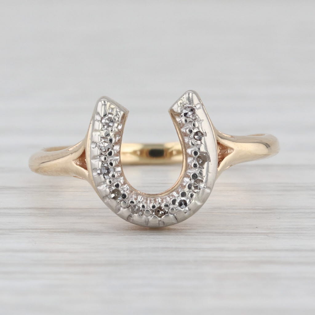 Vintage Diamond Horseshoe Ring 10k Yellow White Gold Size 5