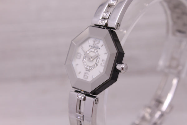 Century Time Gem 18k White Gold Ladies Quartz Watch w Floating Diamonds MOP Dial