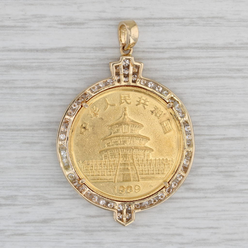 Gray 0.75ctw Diamond Bezel Chinese Panda Coin Pendant 18k 999 Gold 1989 1/4oz 25 Yuan