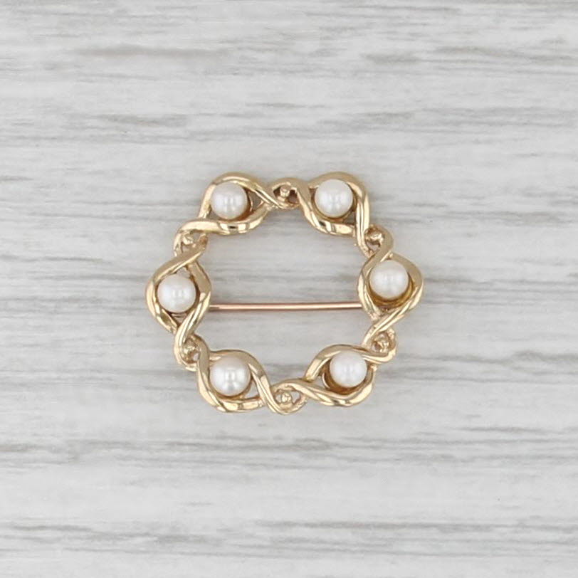 Cultured Pearl Wreath Pin 14k Yellow Gold Small Brooch