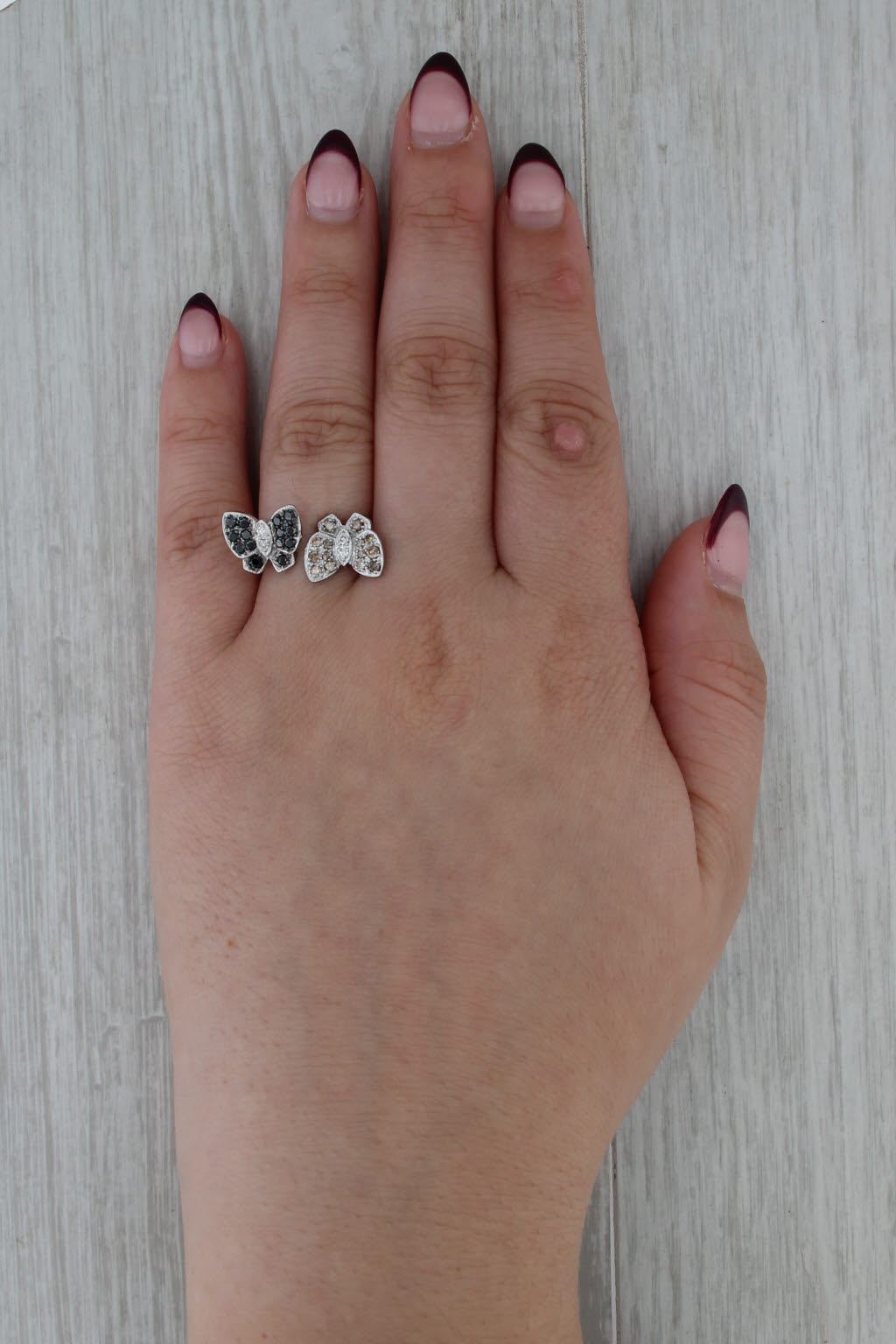 0.60ctw Diamond Butterfly Ring 14k White Gold Adjustable Sz 7 Black White Brown
