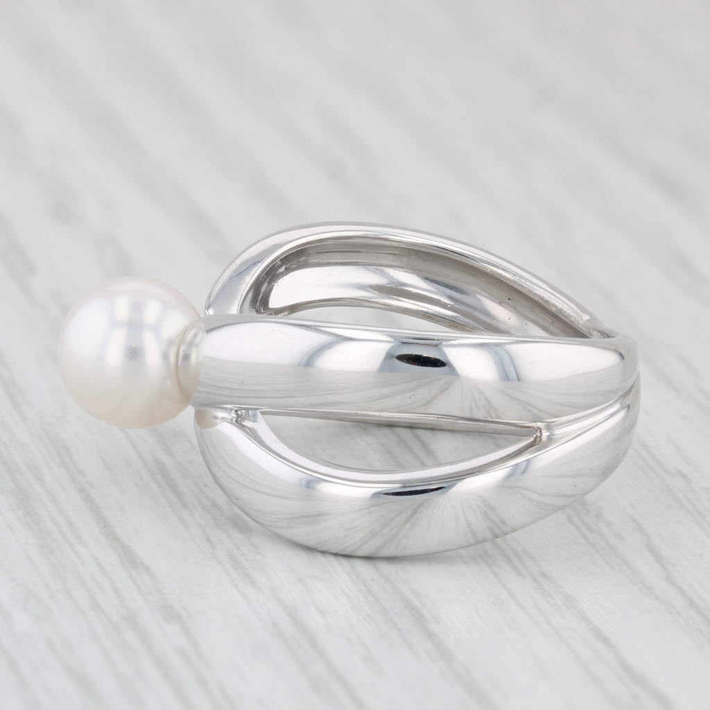 Light Gray Akoya Cultured Pearl Solitaire Ring 18k White Gold Size 8 Double Band