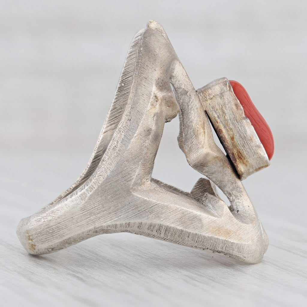 Gray Chimney Butte Coral Ring Sand Cast Sterling Silver Native American Navajo