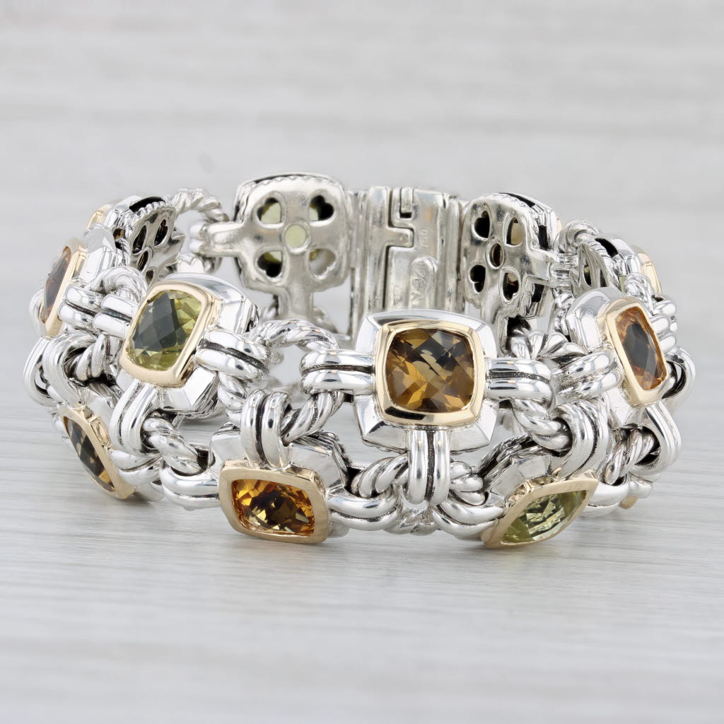 Light Gray David Yurman 0.25ctw Peridot Citrine Bracelet Sterling Silver 18k Gold 7"