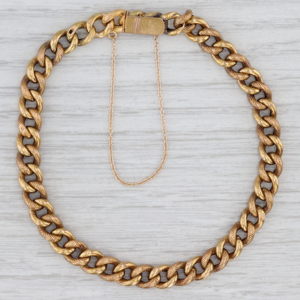 Gray Antique Curb Chain Bracelet 22k Yellow Gold 7.25" 5.7mm Box Clasp Safety Chain