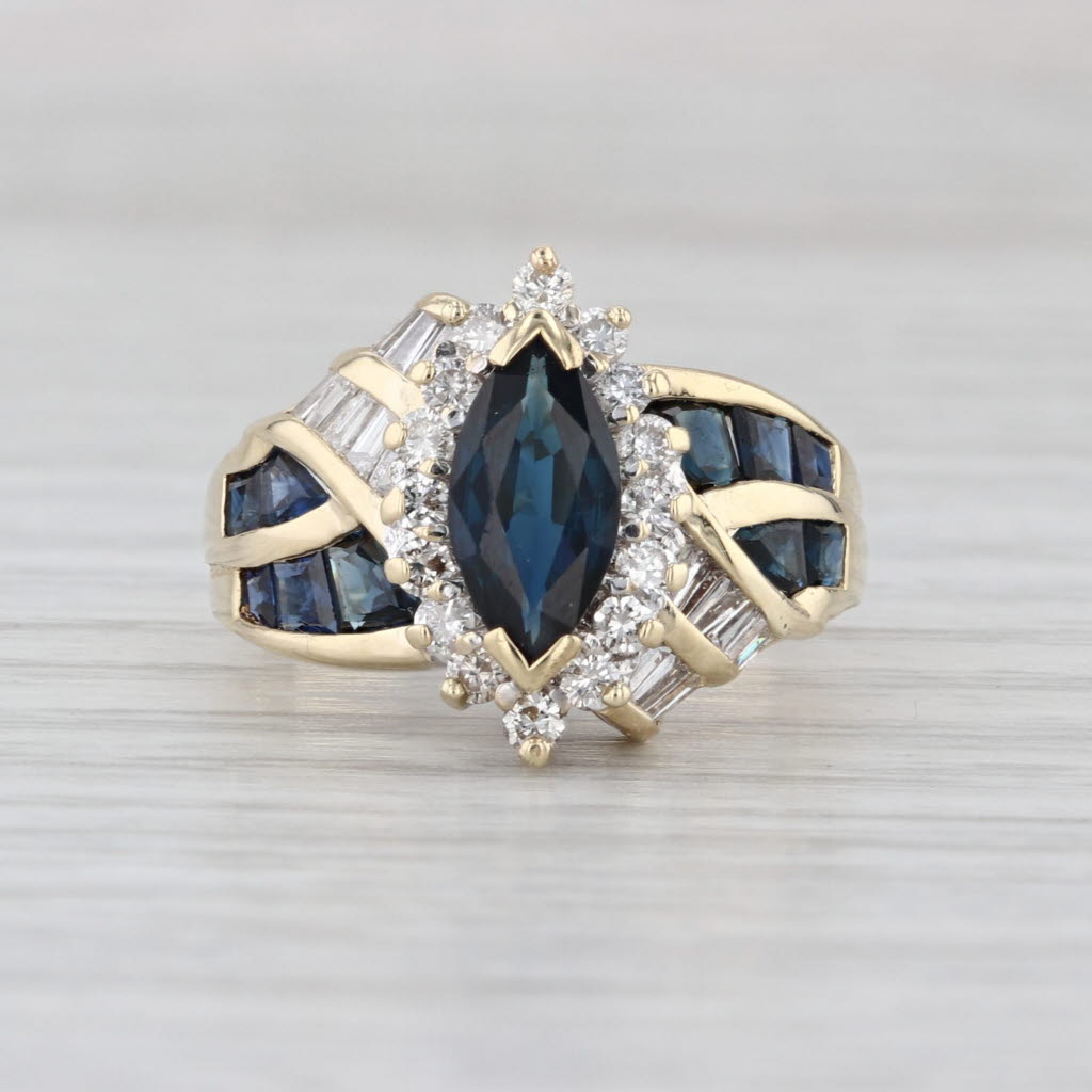 Marquise Blue Sapphire Diamond Halo Ring 14k Yellow Gold Size 6 Bypass