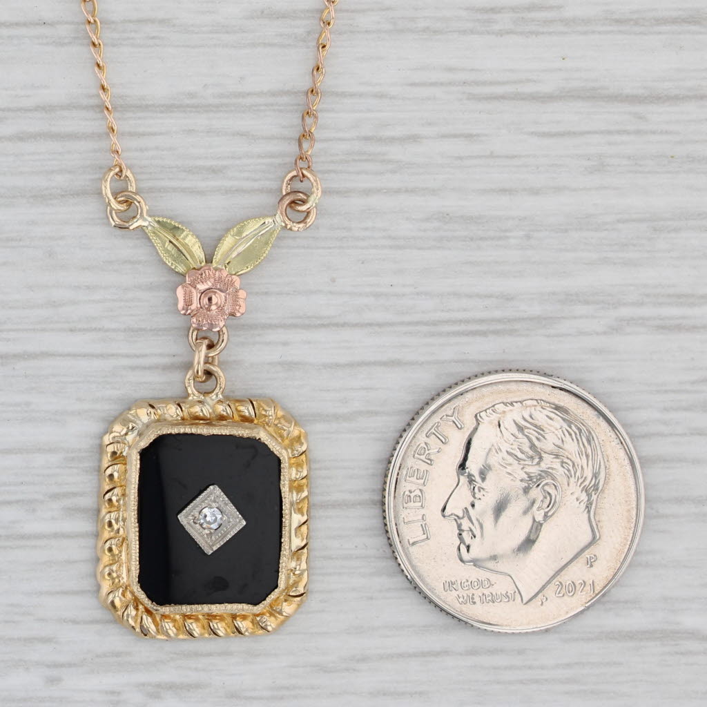 Gray Vintage Onyx Diamond Floral Pendant Necklace 10k Yellow Gold 16.5" Curb Chain