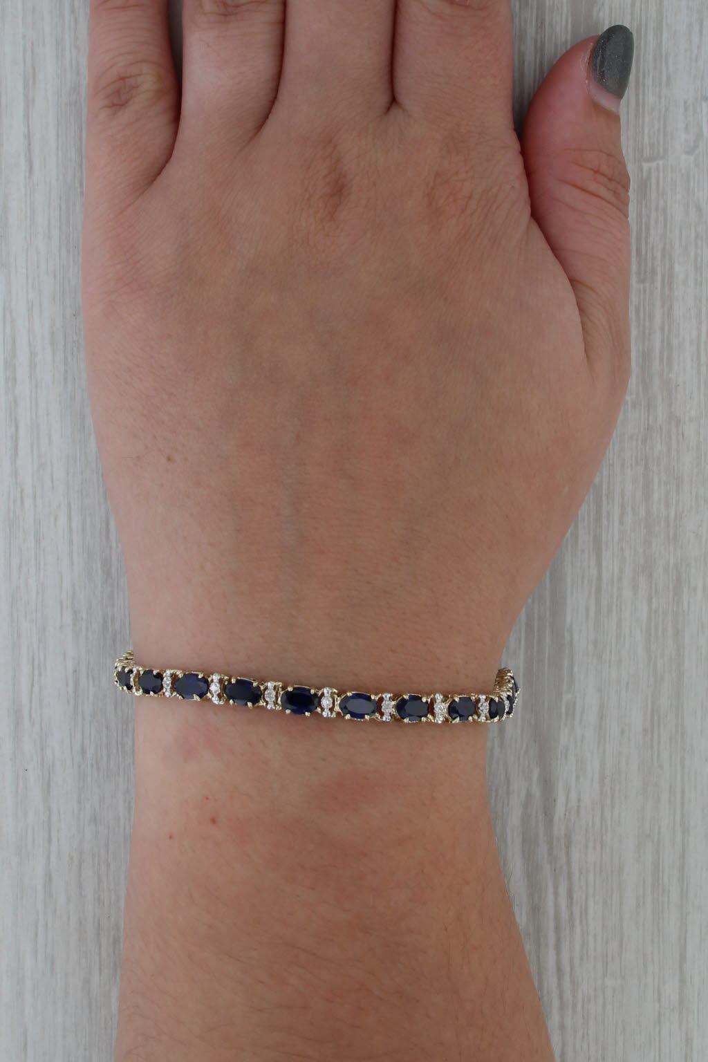 Lab Created Blue Sapphire Diamond Tennis Bracelet 10k Yellow Gold 6.75" 4.8mm