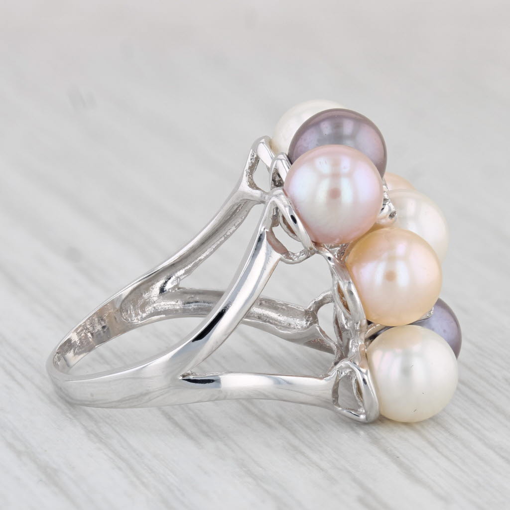 Light Gray Cultured Pearl Diamond Cluster 14k White Gold Size 7.75 Cocktail